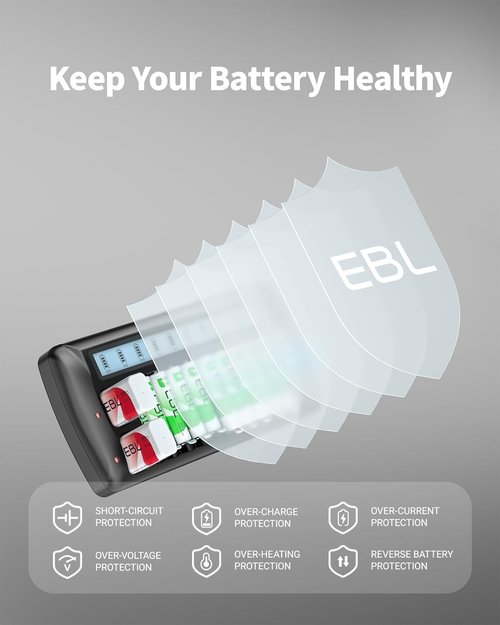 EBL 12-Bay LCD Battery Charger - Multi-Battery Charging Station for AA, AAA & 9V Batteries