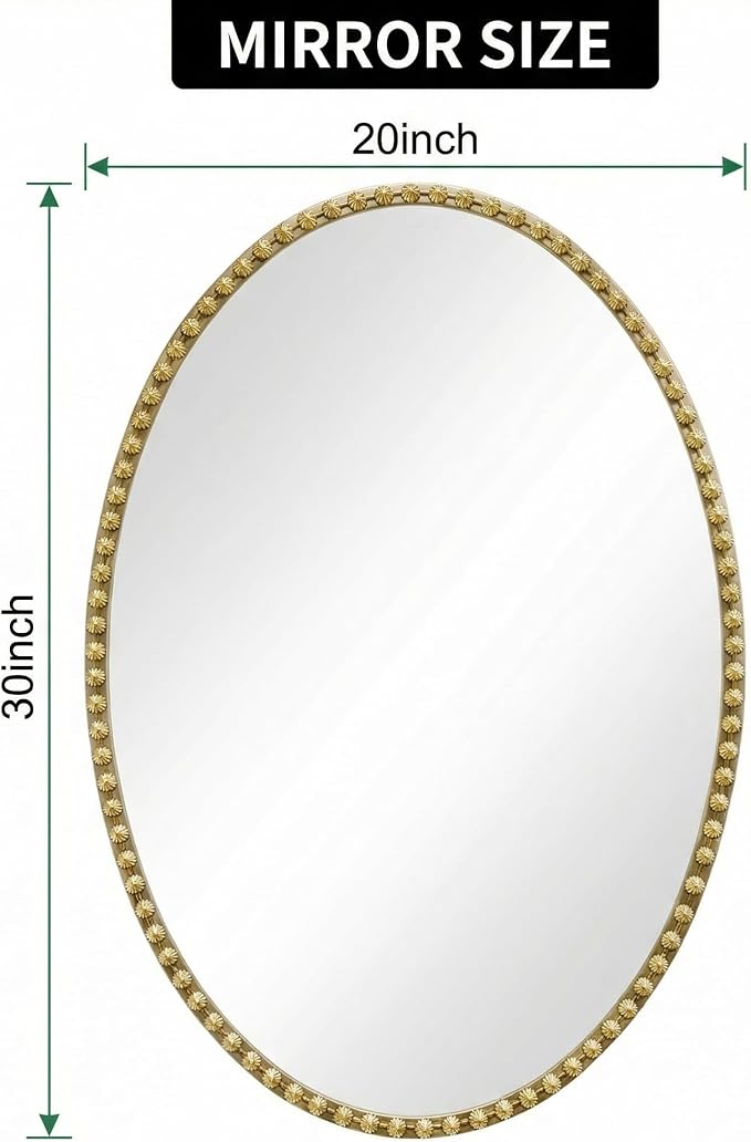 Gold Oval Bathroom Mirror, 20x30 Inch Floral Oval Mirrors for Wall, Antique Gold Metal Floral Frame Mirrors for Bedroom Living Room Hallway, Hangs Horizontally or Vertically