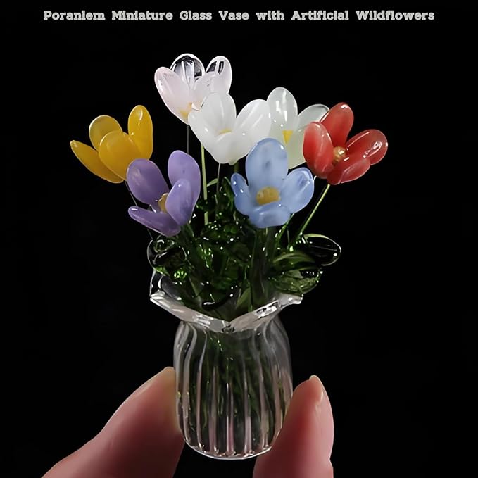 Mini Glass Flower Bouquet with Vase Colorful Artificial Wildflowers Sculpture Spring Floral Arrangement Figurine Artwork Table Centerpiece Home Decor Gift for Mom and Friends