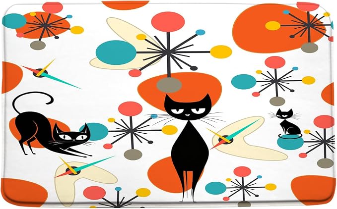 Mid Century Black Cat Bath Mat,Orange Teal Modern Atomic Geometric Bathroom Rug Shower Floor,Retro 50s 64s Vintage Bath Rug,Absorbent Doormat Bedroom Rug Kitchen Toilet