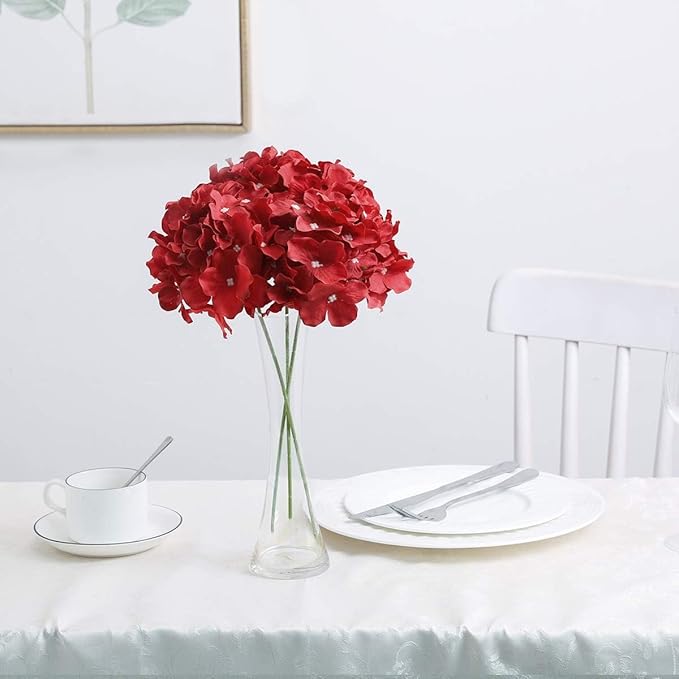 Fake Red Hydrangea Artificial Flowers - Faux Silk Hydrangeas Flowers Heads with Stems Real Touch for Home Wedding Party Table Decor(Red,Pack of 10)