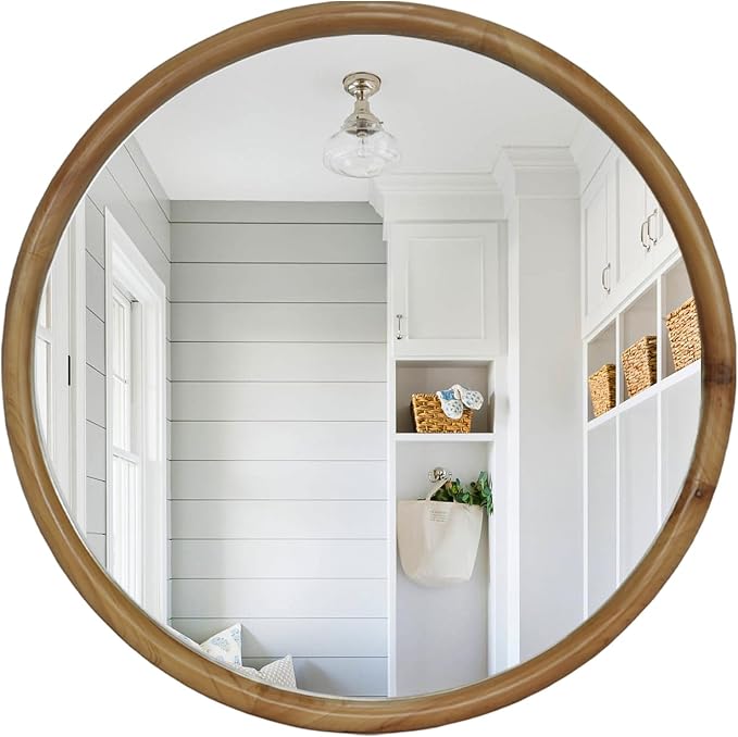 Bathroom Wall Cabinet with Doors and Round Wood Framed Wall Mirror, 21.65" W x 7.48" D x 32.48" H Grey Cabinet + 35.43" Diameter Natural Wood Mirror