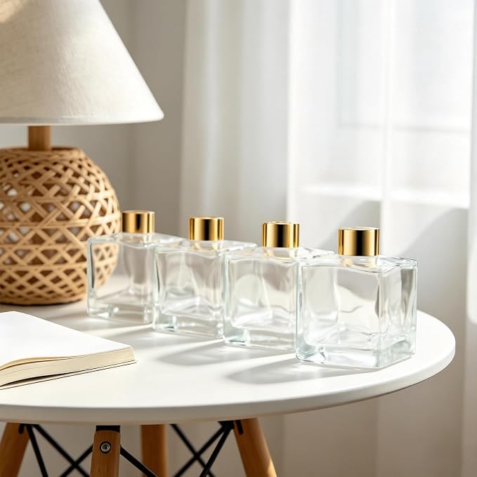 Squre Glass Diffuser Bottles with Gold Caps, Set of 4-3.7" High,200ml 6.7 fl oz. Fragrance Accessories Use for DIY Replacement Reed Diffuser Sets