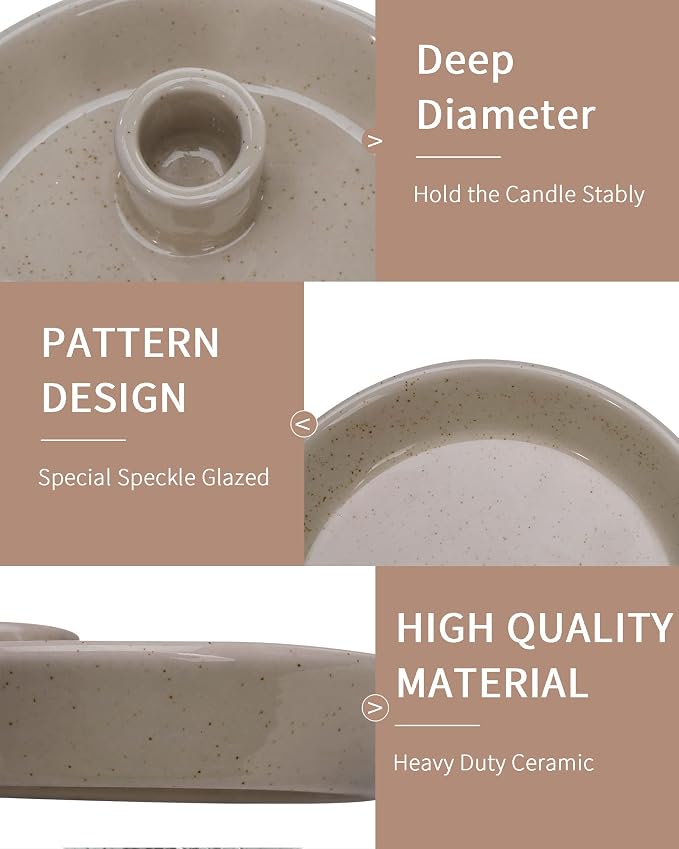 DN DECONATION Ceramic Candle Holder, Boho Candlestick Holder with Round Plate for Taper Candles, Unique Farmhouse Porcelain Candle Stick Holder for Meditation/Yoga Room Home Wedding Decor(Gray)