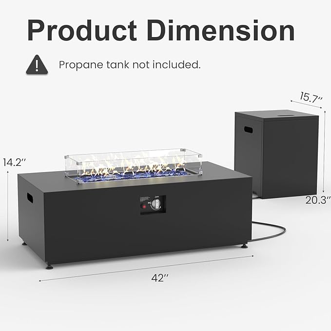 Aeeiua 42" Propane Fire Pit Table Set with Tank Holder, Rectangle 2-Piece Outdoor Firepit Wind Guard, Lid, Glass Stones and Cover