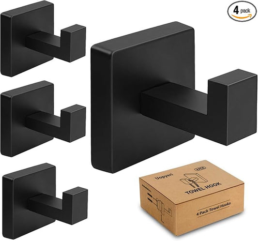 4 Pack Matte Black Towel Hooks for Bathroom, Heavy Duty 33lb Stainless Steel Wall Hooks, Modern Square Robe Hook Screw Mounted for Hanging Coats, Hats, Bags, Rustproof Hardware