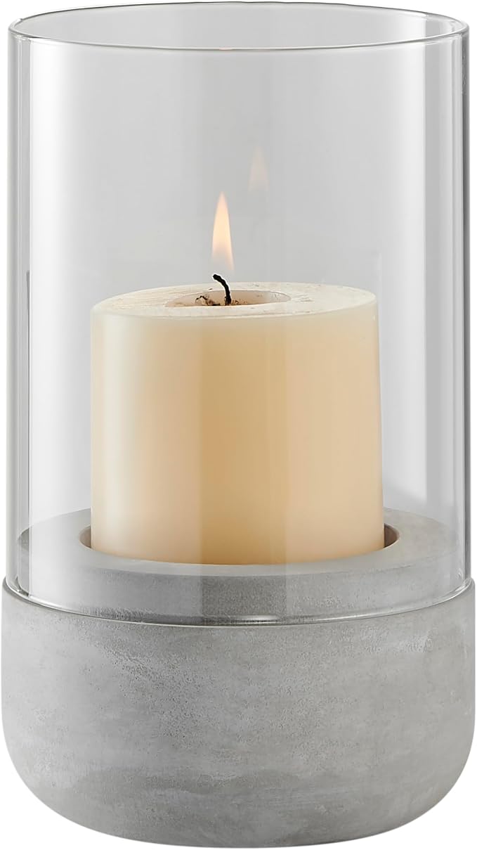 Danya B. Modern Cool Gray Cement Base and Glass Pillar Hurricane Candle Holder (Small)