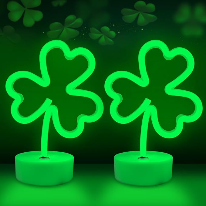 BRIGHTDECK 2 Pack Clover Neon Signs, LED Lights Battery Operated or USB Powered Decoration Lamp, Neon Lights Decor for St. Patrick's Day Gifts, Wedding, Party, Room Decor(Clover)