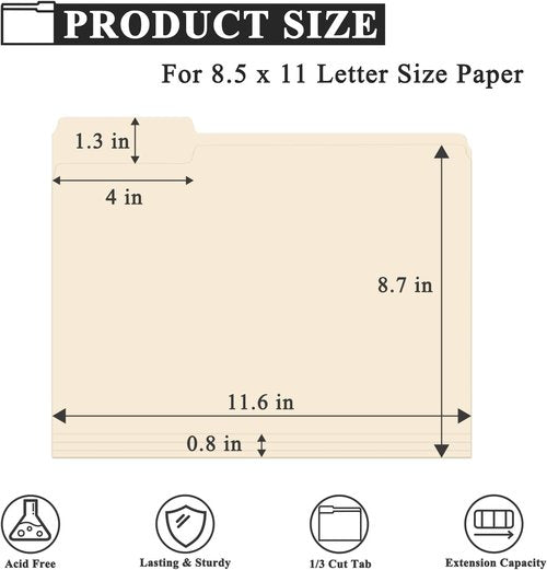 Manila Folders | 8.5 x 11 Inch | 1/3 Cut File Folders - Pack of 100 for Business & School Use
