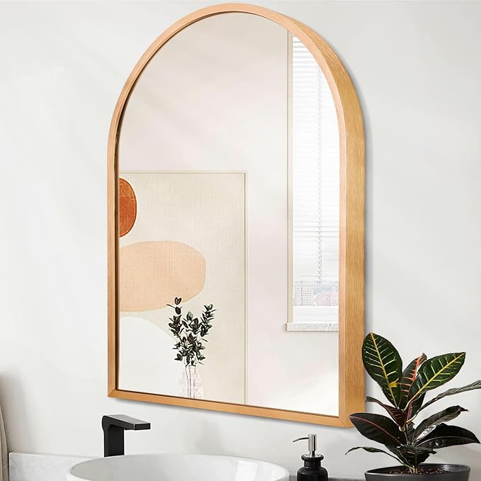 Arched Gold Framed Wall Mirror, 26"x18" Aluminum Alloy Bathroom Mirror for Wall, for Bedroom Entryway Living Room Vanity Large