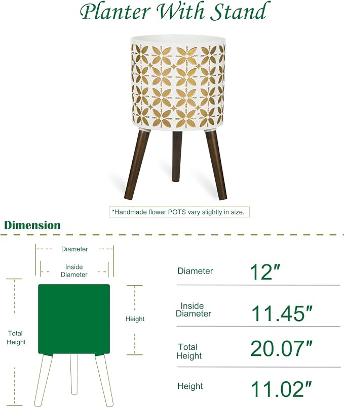 nacltlo12 Inch Planter with Stand, Plant Stand Indoor, Plant pots, Modern Mid-Century,Large Flower Planter Pot with Drainage Holes for Outdoor,White and xGold