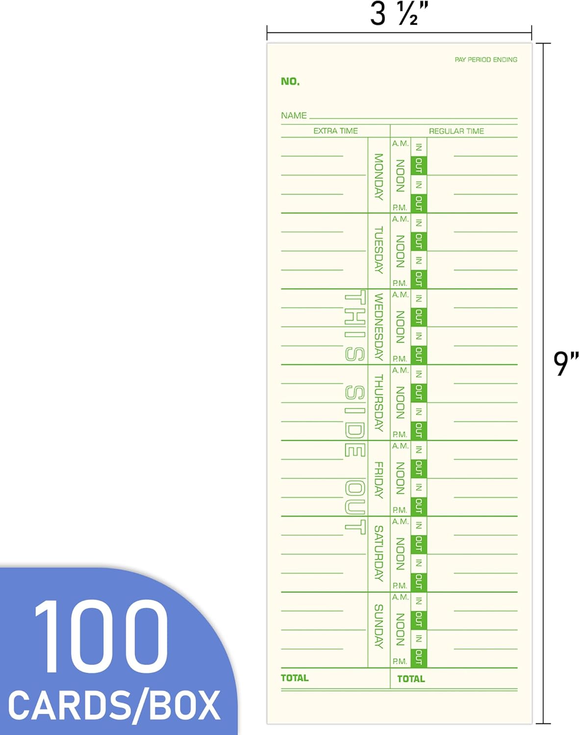Weekly Time Cards - 1-Sided, 3.5" x 9", Named Days, 100-Count | Green Print for Time Clocks