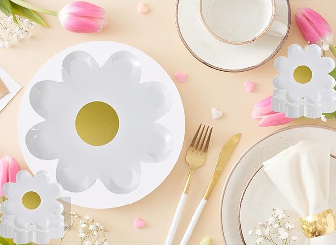 40pcs Daisy Paper Plates Disposable Daisy Flower Shaped Dinner Plates Groovy Party Plates Summer Retro Boho Hippie Dessert Paper Tray for Birthday Wedding Party Supplies (7 inch/White Daisy)