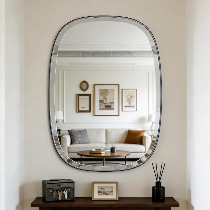 POZINO Beveled Bathroom Mirror, 24"x32" Matte Black Vanity Mirror for Over Sink, Modern Rectangle Wall Mirrors for Entryway Hallway Bedroom Living Room, Hangs Vertically or Horizontally