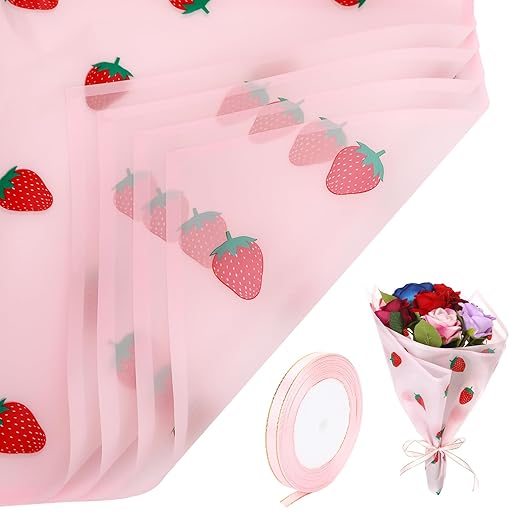 20 Sheets Flower Wrapping Paper, Matte Florist Strawberry Flower Bouquet Wrapping Paper With Ribbon Pink Paper Floral Wrap Papers for Bouquets Gifts Wrapping Papers for Birthday Girl Wedding Christmas