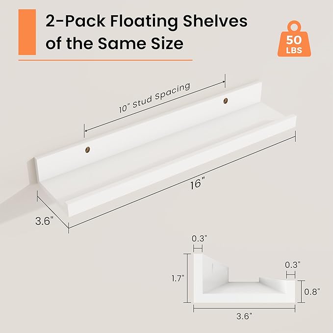 RICHFOCUS Picture Ledge Shelf, 16 inch Floating Shelves Set of 2, Wood Wall Shelves with Lip, Wall Decor Storage for Bedroom Living Room Bathroom Kitchen Nursery Photo Picture, White