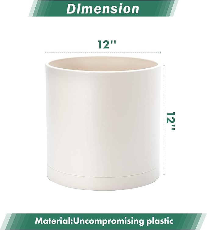 D'vine Dev 12 Inch Plastic Planter Pots for Plant Pot with Drainage Hole and Seamless Saucers, Oatmeal, 74-X-H-3