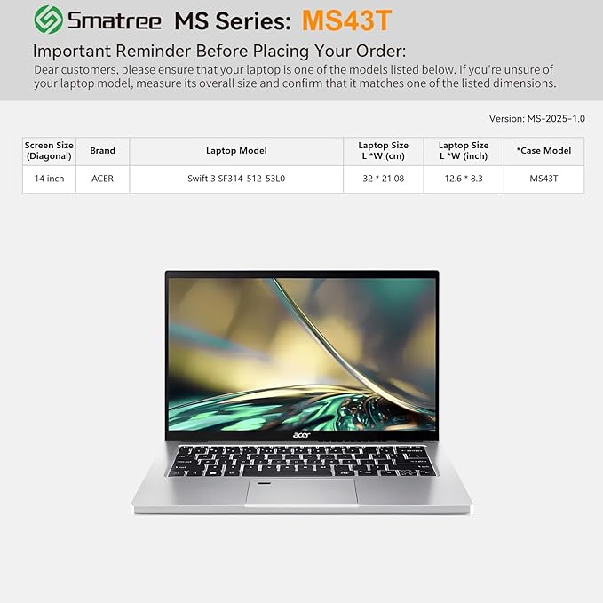 Smatree MS43T Hard EVA Protective Sleeve Case with Stand Compatible for 14 inch Acer Swift 3 Laptop - SF314-512-53L0 Waterproof Sleeve, White