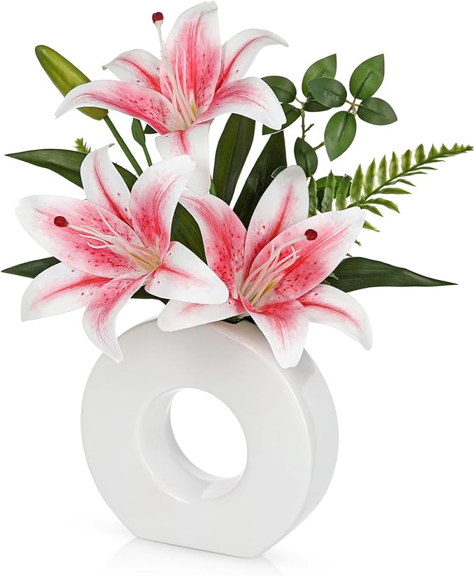 Artificial Flowers in Vase 13" Realistic Fake Lilies Flowers with 3 Heads Full Bloom Tiger Lily Floral Arrangement Pink Faux Flowers for Vase Table Centerpieces Home Wedding Bathroom Office Decor