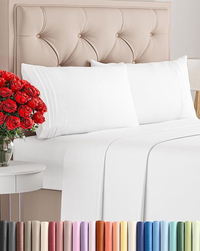 Cal King Size 4 Piece Sheet Set - Comfy Breathable & Cooling Bed Sheets Set - Hotel Luxury Bedding for Women, Men, Kids, Teens, Boys & Girls - Deep Pockets, Ultra-Soft, Wrinkle Free - Oeko-Tex - White