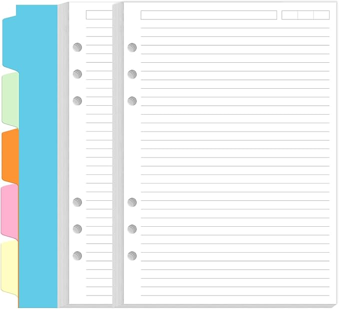 A5 Refill Paper - 6 Hole Planner Inserts for A5 Binder, 200 Pages 6 Ring Loose Leaf Lined Paper with 5 Colorful Binder Dividers, 5.8" x 8.5"