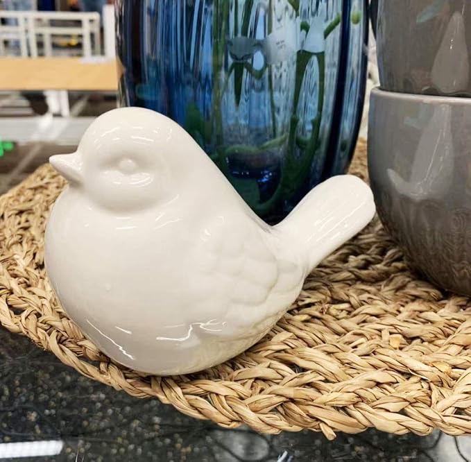 KiaoTime New White Glazed Ceramic Bird Figurine, Bird Statue, French Country Garden Cottage Bird Ornaments, Home Decor Accents Collectible Bird Figurine