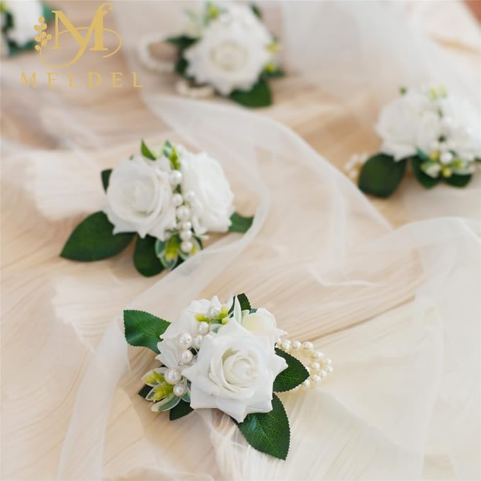 Meldel White Ivory Rose Prom Wrist Corsage for Wedding, Set of 6, Bridesmaid Bridal Hand Flowers Corsage for Prom, Wrist Flower for Wedding Ceremony Anniversary, Dinner Party, Rustic Vintage Wedding