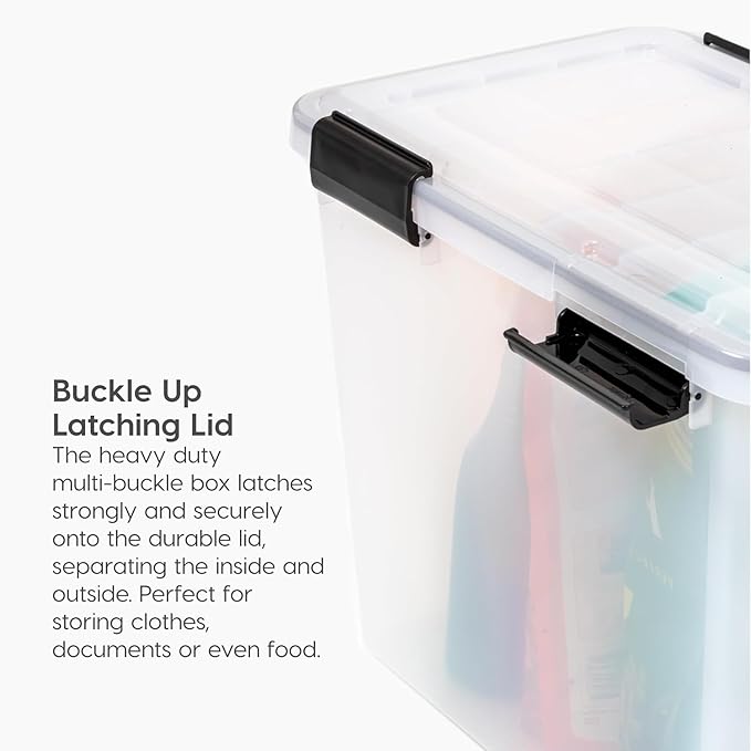 IRIS USA File Box WeatherPro File Organizer Plastic File Box for Letter/Legal File, Water Resistant Document Box, Durable Lid, Seal w/Secure Latching Buckles, Stackable, Nestable, Clear 32 Qt. 4Pack