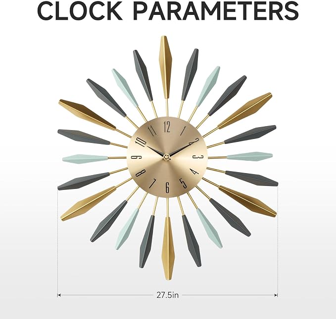 Cuspin Mid Century Modern Wall Clock, Large Colorful Starburst 28 Inch Wall Clock Battery Operated, Metal Decorative Sunburst Clocks for Living Room Kitchen Bedroom Office Decor