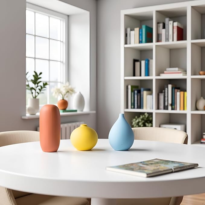 Vase Set of 3, Ceramic Matte Vases Modern Home Table Decor, for Living Room Tabletop, Bedroom, Shelf, Office Bookshelf, Entryway & Coffee Table, Creative Desktop Pieces for Minimalist