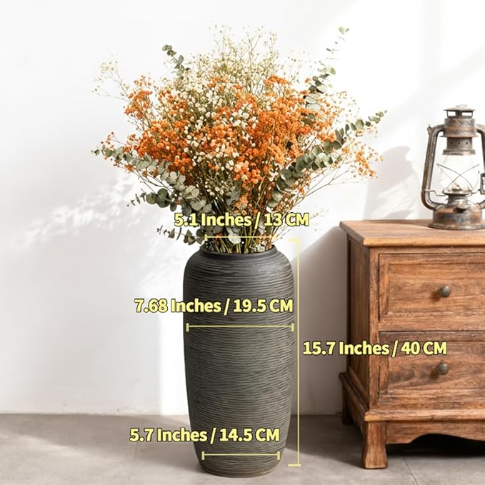 Vintage Ceramic Floor Vase – 15.7 Inch Distressed Glazed Oversized Floor Urn, Rustic Country Decor for Entryway, Living Room & Corner