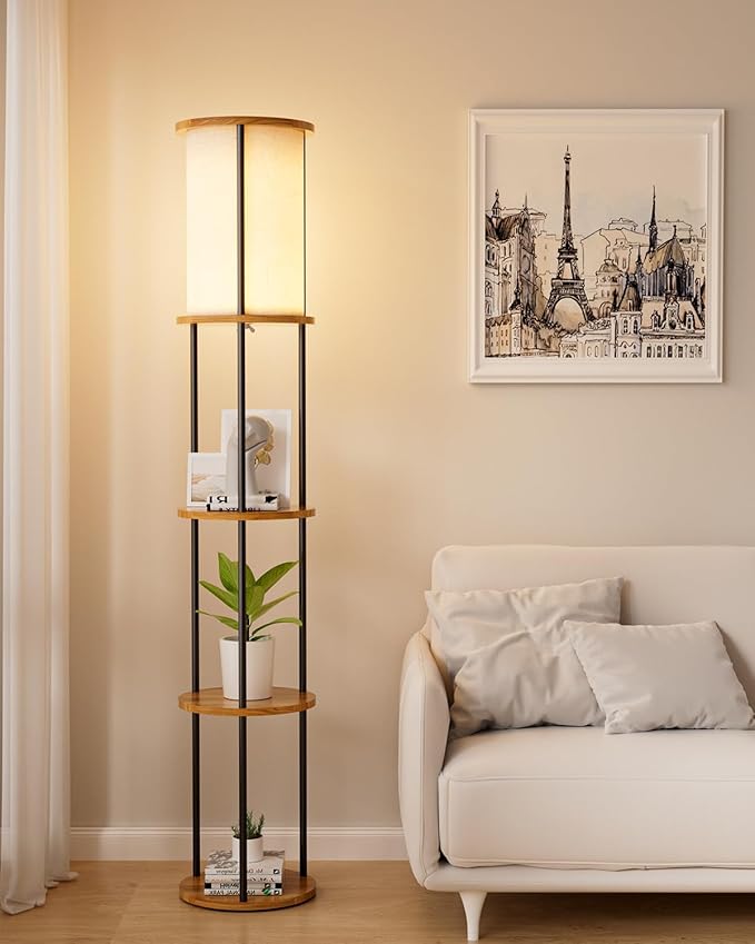 Lightdot 61" Floor Lamp with Shelves, Modern Black Standing Lamp with Fabric Shade and 3- Tier Solid Wood Table Attached, Corner Bookshelf Lamps with Bulb Included for Sofa Beside/Corner Decor