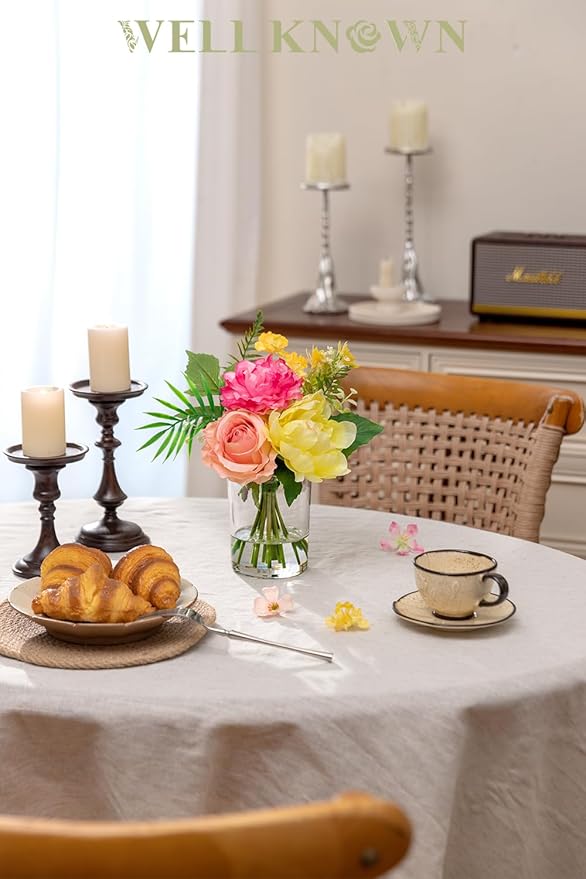WELL KNOWN Artificial Flowers in Glass Vase, Silk Rose Peony Flower Bouquet for Home Dinning Tea Table, Office Desktop, Hotel, Wedding, Party, Lavatory Decor & Gift (Hot Pink, Coral & Yellow)