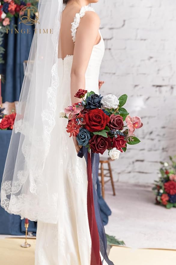 TINGE TIME 9 inch Bridal Bouquets for Bride, Artificial Silk Flowers Tossing Bouquet, Bride Bouquets for Wedding,Ceremony, Anniversary (Red&NavyBlue)