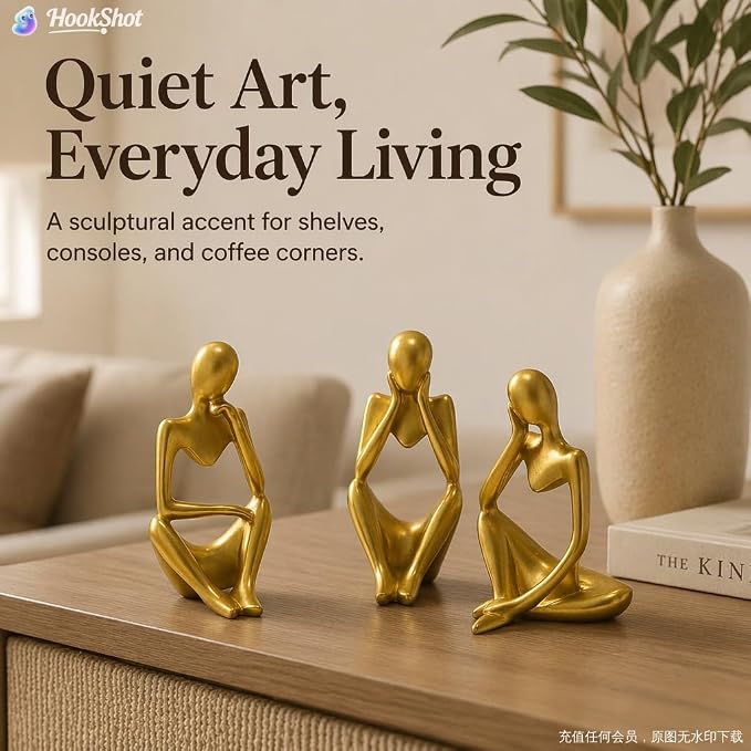 Gold Thinker Statue Set of 3 - Abstract Resin Figurines for Home Decor, Modern Art Sculpture for Office Desk, Bookshelf, Living Room, Minimalist Tabletop Decoration (5 inches)