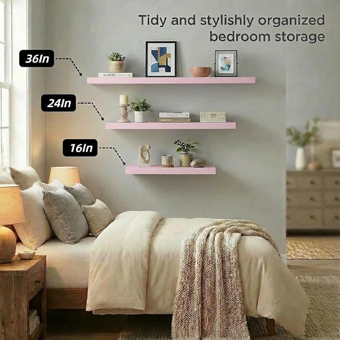 SAUMONIERES Floating Shelves Wall Shelf Solid Wood for Bathroom Bedroom Kitchen Set of 3, Pink Wall Shelves
