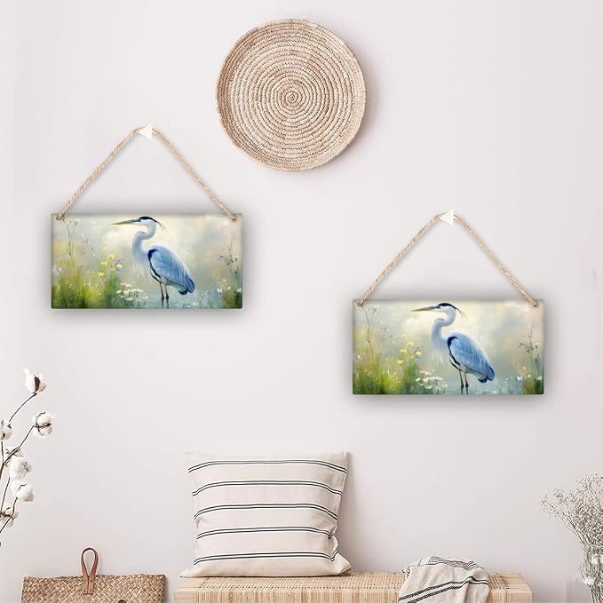 Retro Market Heron Wooden Sign - Vintage Bird & Floral Poster - 12x6 Inch Wood for Hallway - Nostalgic Decors for Retro Home Enthusiasts in North America