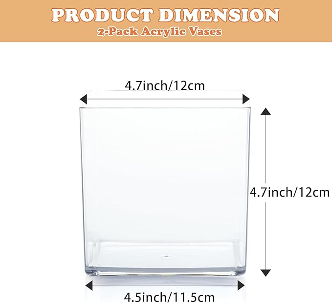 2 Pack Acrylic Cube Vases 5 X 5 Inch, Clear Square Vases, Shatterproof Flower Vase Decorative Centerpiece for Home, Wedding
