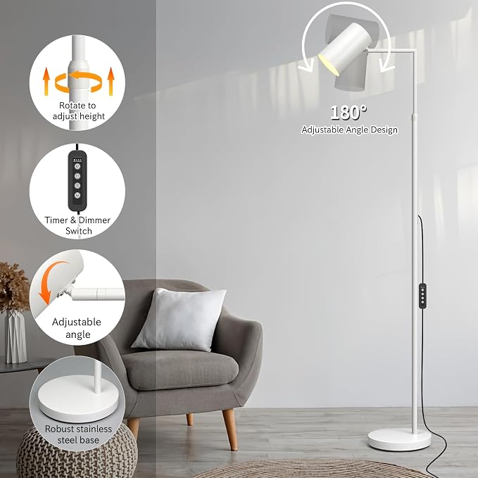 Ldeco Stepless Dimmable Arc Floor Lamp for Living Room with Timer,Height Adjustable Modern Reading Standing Lamps for Living Room,Reading Room,Office,LED Bulb Included (White-DM)
