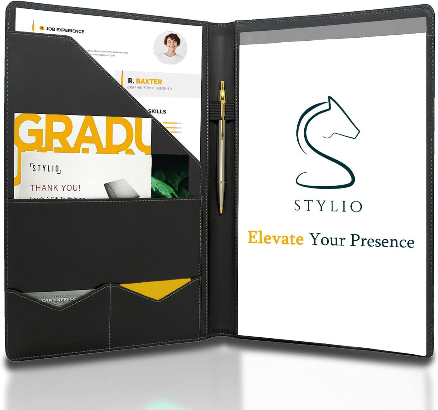 Skiennix Padfolio Organizer - Elegant Faux Leather Interview Resume Folder | Letter-Sized Notepad & Business Card Holder | Piano Noir Finish
