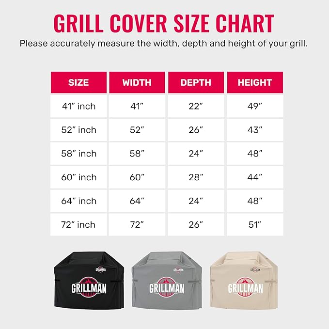 Grillman Grill Cover, BBQ Outdoor Grill Covers, Charcoal, Gas Grills, Waterproof, Rip-Proof, Weather-Resistant, Anti-UV, Barbecue Cover for Weber, Genesis, Charbroil, Nexgrill, etc (Black, 52 Inch)
