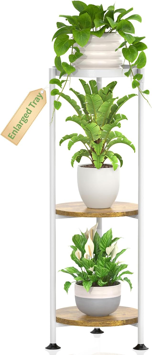 KMOTASUO 3 Tier White Plant Stand Indoor for Large Tall Heavy Duty Planter, Multiple Sturdy Metal Flower Corner Rack for Narrow House Floor, Iron Vertical Level Round Orchi Holder Organizer, Modern