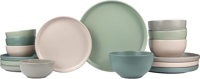 Sango 16-Piece Stoneware Dinnerware Set for 4, Satin Glazed Plates and Bowls Sets with Matte Finish, Ceramic Dish Set, Durable Kitchen Dishes, Microwave & Dishwasher Safe Dining, Rollo Artist's Blend