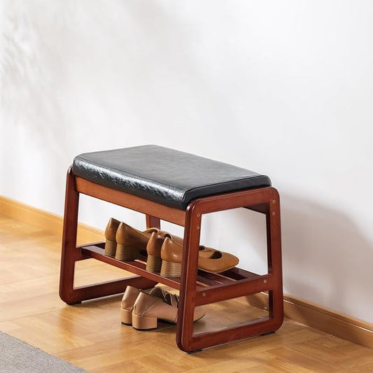 SOBIBO Solid Wood Shoe Bench, 2-Tier Wooden Entryway Bench, Modern Shoe Rack with Faux Leather Cushion for Hallway, Living Room (Black, 21.65'')