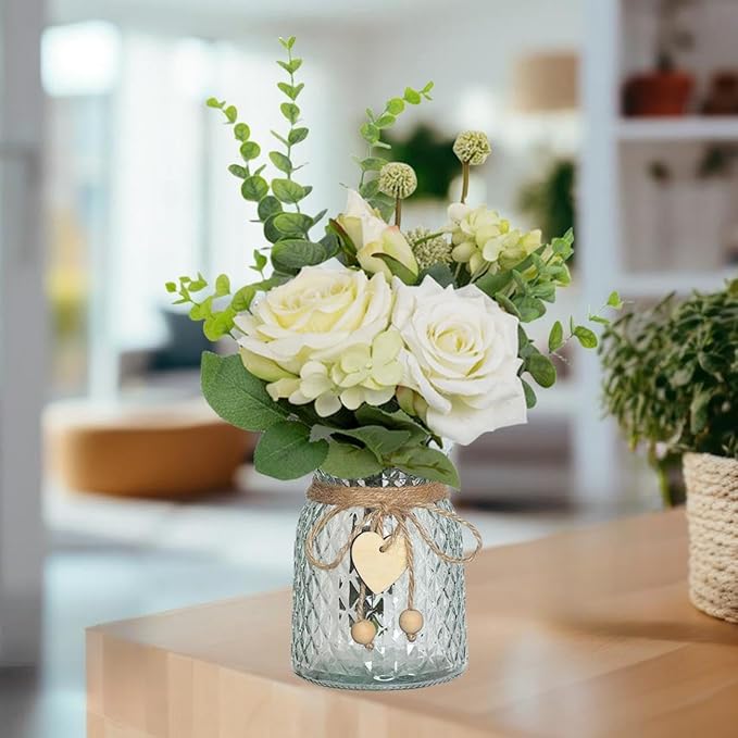 Artificial Fake Flowers in Vase, Faux Silk Roses Floral Hydrangea Bouquet with Vase, Table Centerpiece Decorations Wedding Bouquets for Party Office Farmhouse Kitchen Home Decor, White