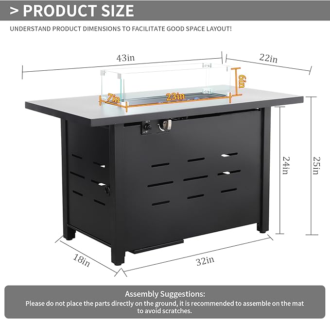 Propane Fire Pit 43 Inch Outdoor Fire Pit 50000 BTU Rectangle Gas Fire Table with Steel Lid, Blue Crystal Beads, Glass Wind Guard and Waterproof Cover for Outside Patio and Garden