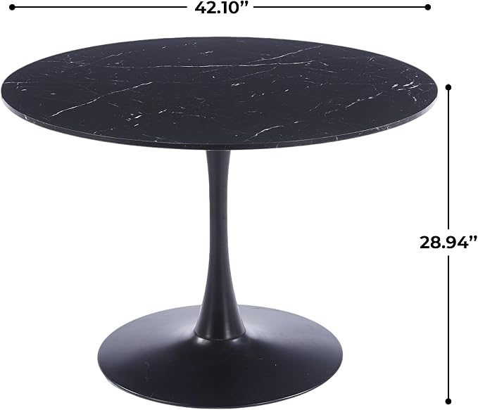 KEIKI 42.1" Round Dining Table, Mid Century Modern Bistro Table with Thickened MDF Tabletop & Metal Pedestal, for 4-6 People, Small Places, Cafe, Kitchen, Living Room, Faux Marble Black