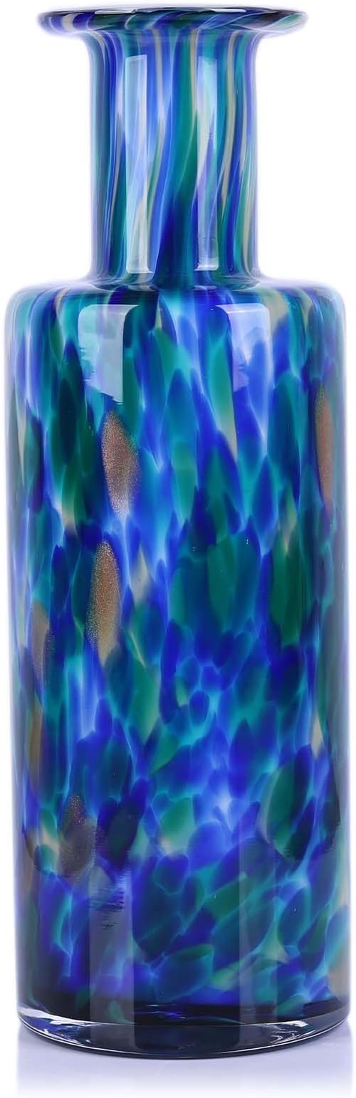 Hand Blown Glass Vase Teal Mosaic – Blue Green Art Glass Vase with Wide Mouth, Murano Style Bubble Vase, Unique Coastal Glass Decor for Dining Table, Living Room, Entryway or Beach Home Accent (Green)