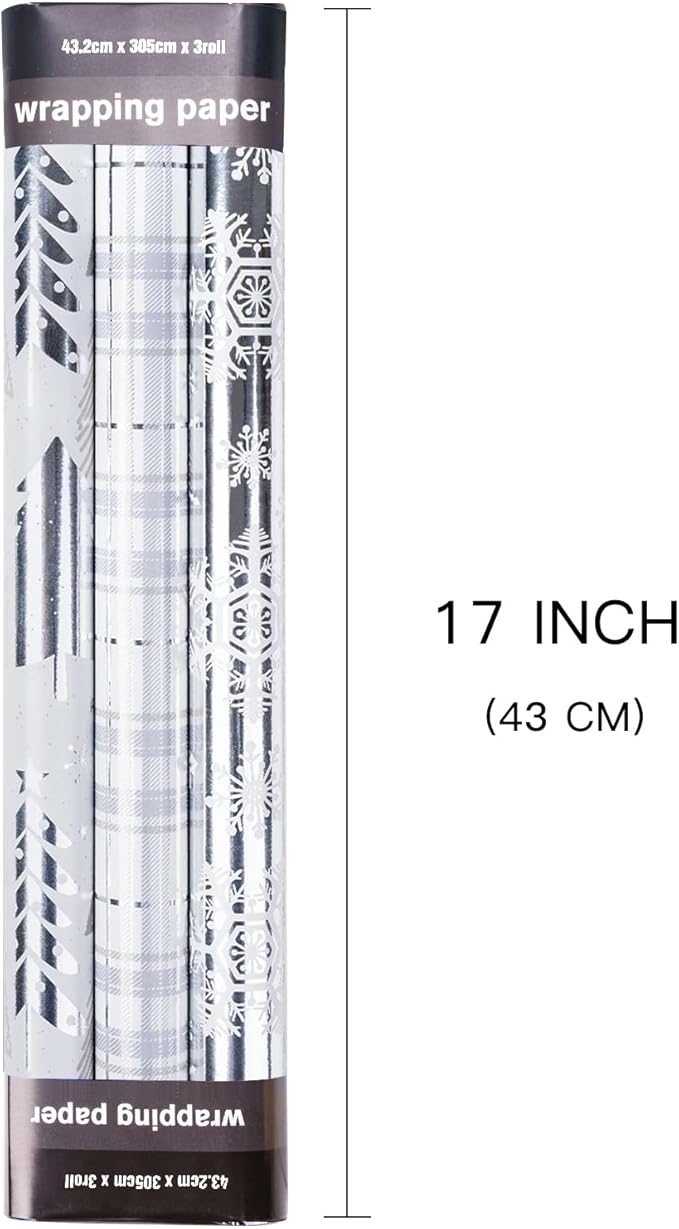 LeZakaa Christmas Wrapping Paper Mini Roll, Silver Metallic Foil Paper - Tree/Snowflake/Plaid Design for Gift Wrap, Arts Crafts - 17 x 120 inches - 3 Rolls (42.5 sq.ft.ttl.)
