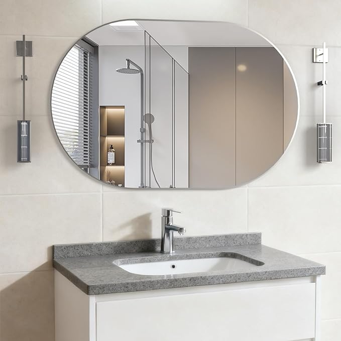 Oval Bathroom Mirror Capsule Wall Vanity Mirror, 24"x36" Pill Mirrors Wall Mounted Mirror, Large Modern Mirror with Silver Metal Frame, Decor for Entryway, Bedroom, Living Room